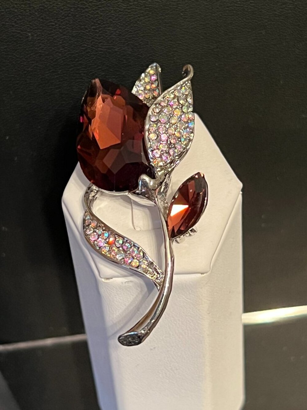 Silverplated Simulated Garnet/Crystal Flower Brooch Pin (227)